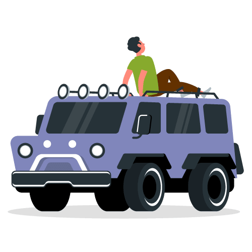 Man sitting on roof of large sport utility vehicle looking up at sky
