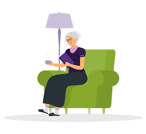 Old woman sitting in chair reading book and drinking coffee