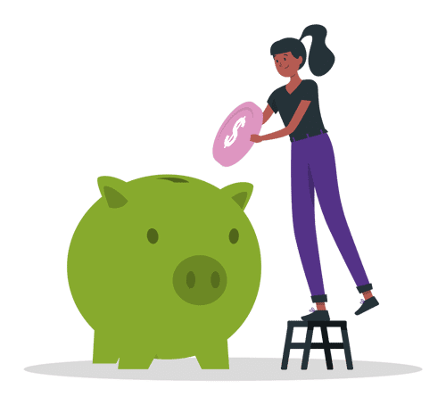 Lady standing on step stool placing coins in lifesized piggy bank