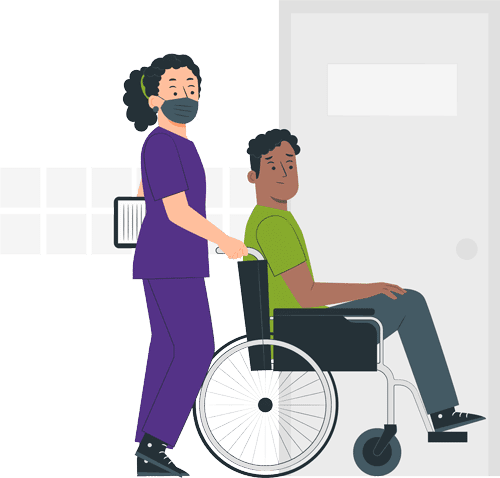 Nurse pushing patient in wheelchair