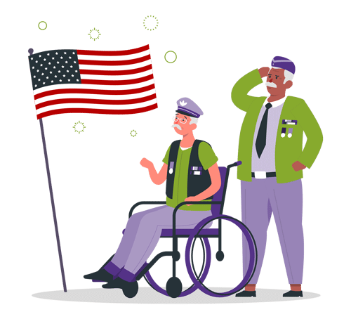 Veteran in wheelchair and standing saluting American flag