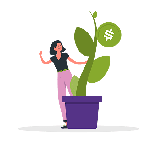 Woman standing next to money growing on vine