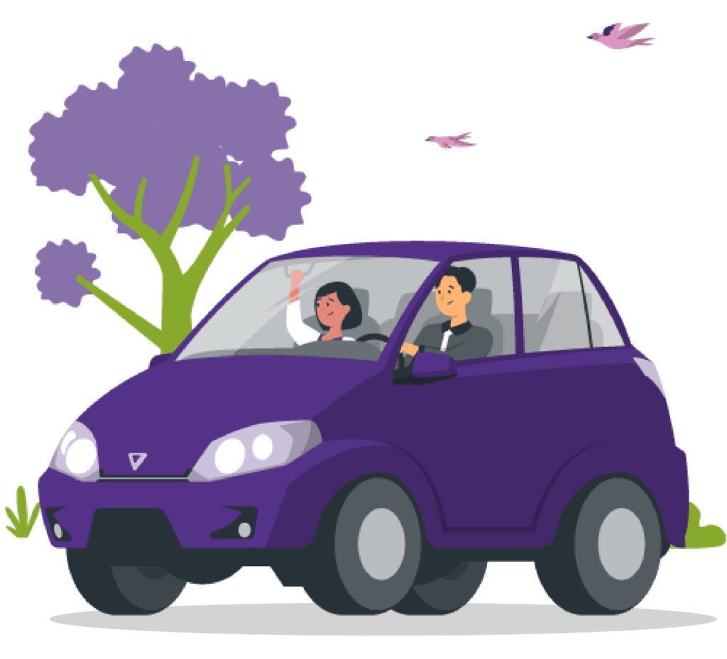 Couple riding in car along road with nature and birds trailing alongside them