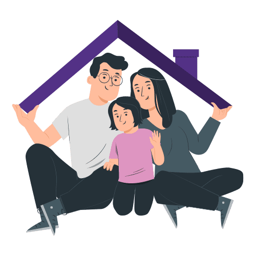 Family of three sitting with roof of house over head