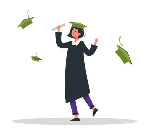 Graduate holding certificate and caps falling around her