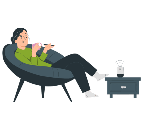 Woman relaxing in papasan chair, drinking coffee and listening to music