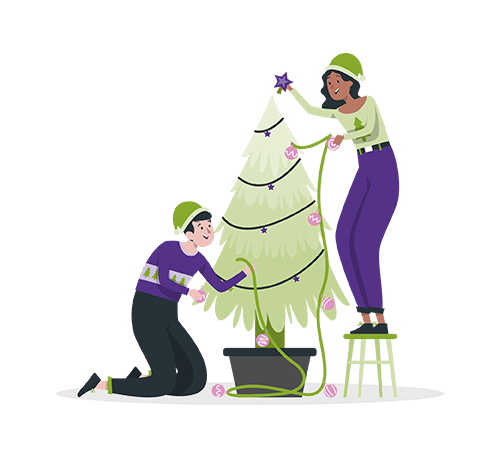 Man and woman in the Christmas spirit stringing lights and adding decorations to tree