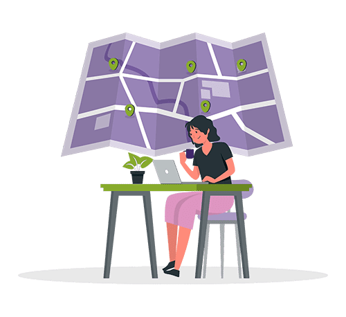 Woman looking at map on laptop while holding a cup of coffee