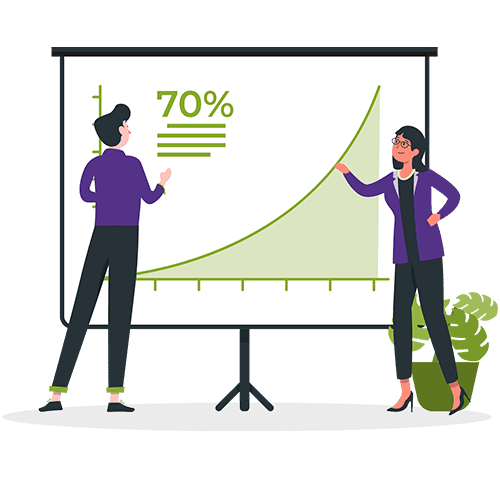 Two people evaluating 70% growth on line chart in front of presentation screen