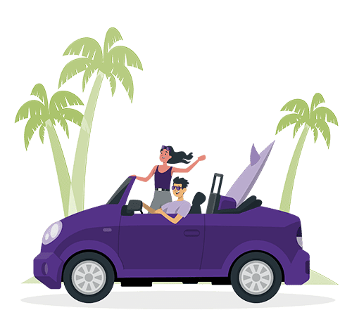Excited man and woman driving in convertible with surfboard and luggage in backseat