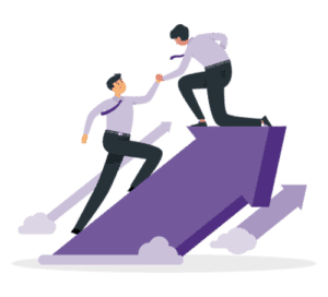 One man atop a high surface holding out hand to pull up another from below