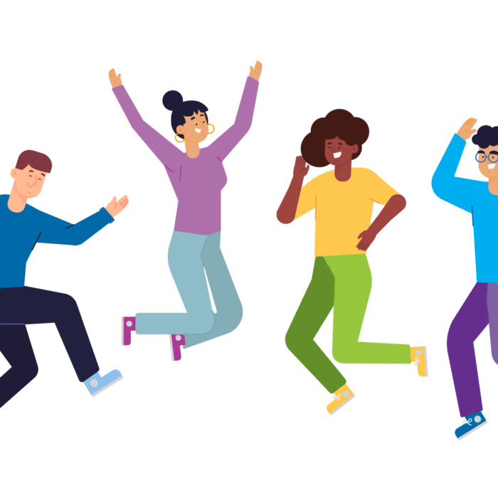 people in colorful clothes jumping
