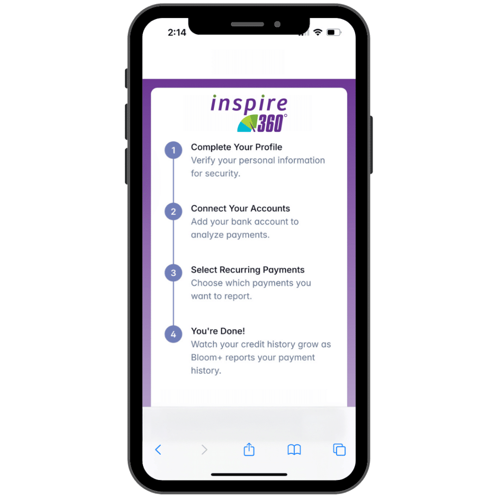 Smartphone screen displaying a step-by-step financial setup guide from Inspire 360. Steps include profile completion, account connection, and payment selection.