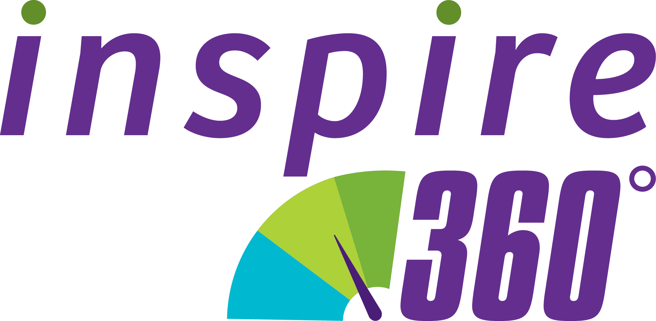 The image features the word "inspire" in purple, alongside a gauge with green and blue sections and a needle, followed by "360°" in bold purple text.